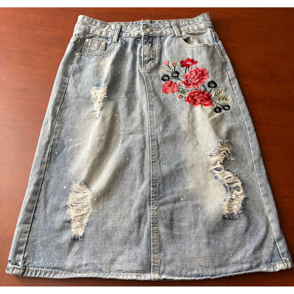 Fubu Jeans Collection Floral Embroidered Distressed Denim Midi Skirt Light Wash